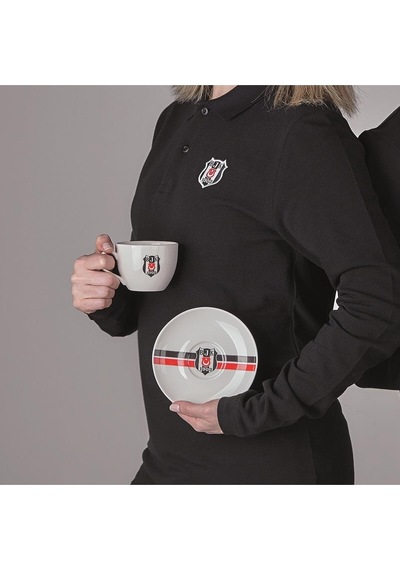 Beşiktaş Lisanslı Çizgili 2'li Çay Fincan Takımı Beyaz - Siyah