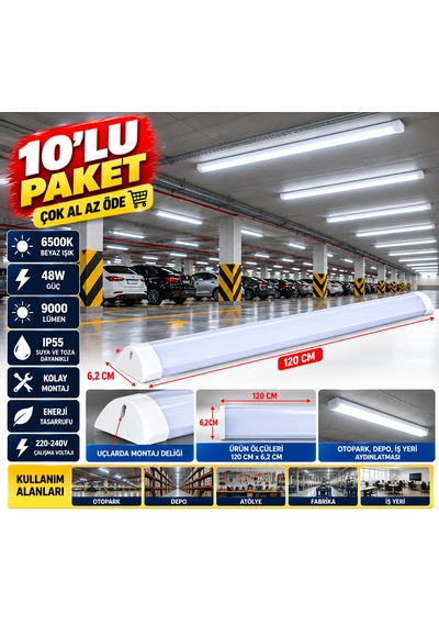 10'lu Paket 48w Led Bant Armatür 120 Cm 6500k Beyaz Işık 5800 Lümen Ip55 Yatay Tavan Aydınlatma Çok Al Az Öde