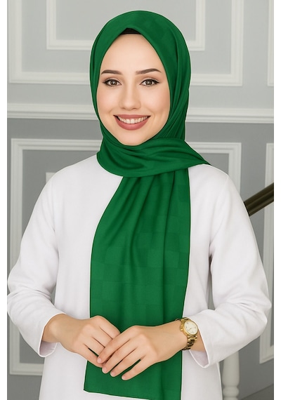 Mim Eşarp Emproyal Silver Jakar Dama Desenli Şal 75x190 Cm Zümrüt