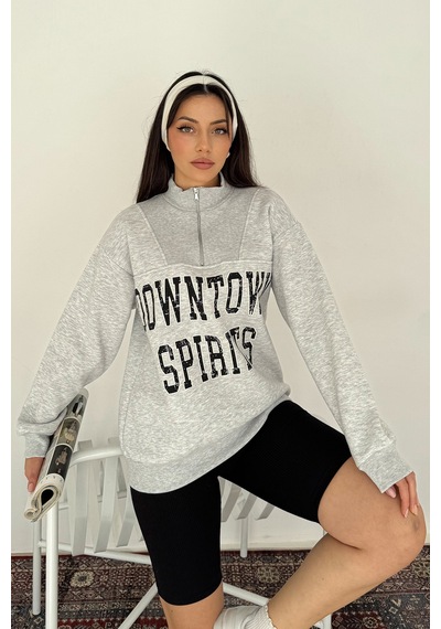 Noa & Noa Kadın Fermuarlı Baskılı Sweatshirt Downtown Energy Gri