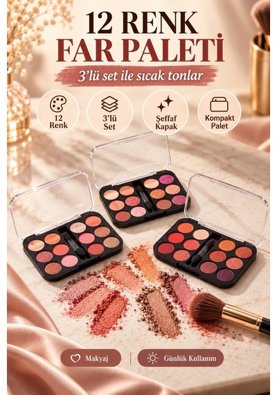 12 Renk Far Paleti - 3 Lü Set Çok Renkli