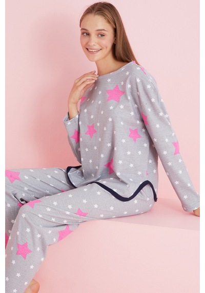 Siyah İnci Biyeli Örme Pijama Takım 7776 Gri Fuşya Yıldız