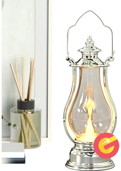 Retro Alev Efektli Led Lamba Pilli Gaz Lambası Modeli Kandil Atmosfer Dekoratif Ramazan Yılbaşı Aydınlatma Gümüş