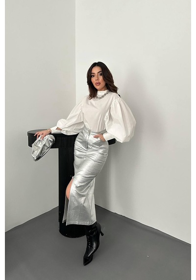 Alemdarshop Gümüş Varaklı Gabardin Yırtmaçlı Etek