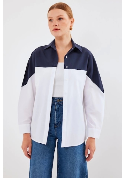 Defymoda 20221 Blok Renkli Oversize Gömlek - Lacivert Laci Vert Lacivert