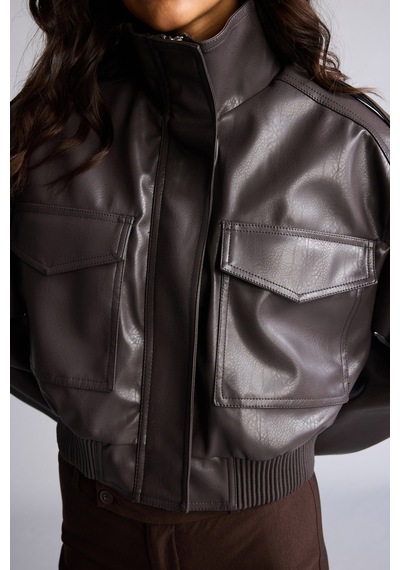 Defacto Dik Yaka Cepli Crop Suni Deri Mont H3753ax26aubn604 Kahve-bn604