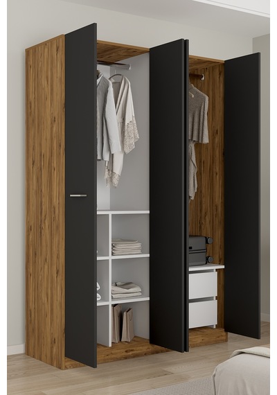 Aeka Ae-3190 Burç 4 Kapaklı Çok Bölmeli Askılı Raflı Ve Çekmeceli 210x140x53cm Gardırop Çam - Antrasit