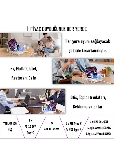SooPii CS60 PD 3.0 60W/12A 6 Port Çoklu Şarj Cihazı Şarj İstasyonu