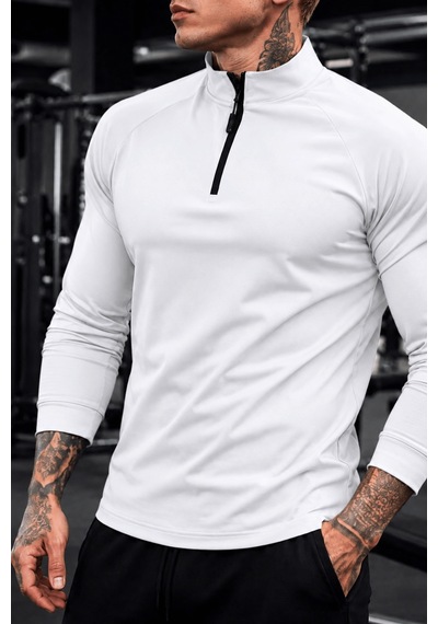 Genius Store Erkek Yarım Fermuarlı Compression Uzun Kol Spor Tişört Ve Fitness Tişörtü Dalgıç-uzun Beyaz