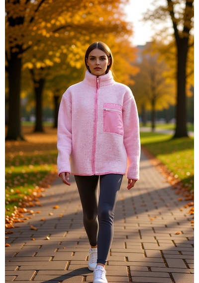 Benerly Kadın Dik Yaka Düşük Kol Tam Fermuarlı Peluş Sweatshirt Fonksiyon Açık Pembe