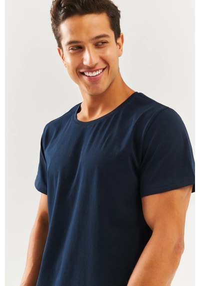 Erkek Oversize Rahat %100 Pamuklu Penye Bisiklet Yaka Kısa Kol Basic T-shirt Classic Collection Lacivert