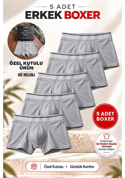 Trendybee Erkek Slim Fit Gri Boxer 5 Adet Paket Likralı Rahat Kesim Özel Kutulu