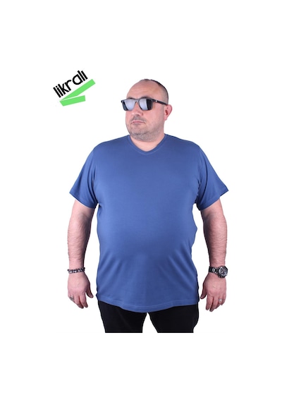 Moc Grande Mocgrande Erkek Büyük Beden Likralı Basic V Yaka Tişört 11170 Indıgo İndigo