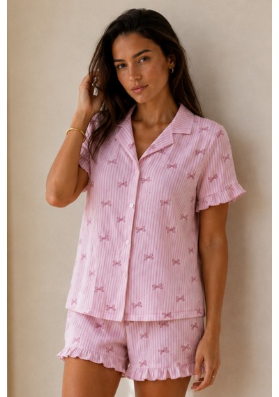 Kadın Düz Pamuk Homewear Pembe Pijama Takımı