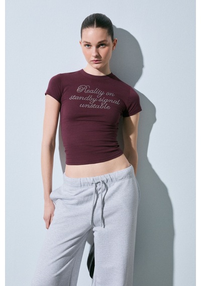 Grımelange Vanyrose Kadın Yumuşak Kumaşlı %100 Pamuk Taş Detaylı Slim Fit Bordo T-shirt Bordo
