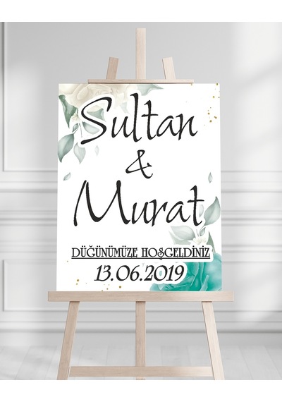 Söz Nişan Düğün İçin 50x70 Karşılama Panosu - Yaprak Tasarımlı 002 Beyaz