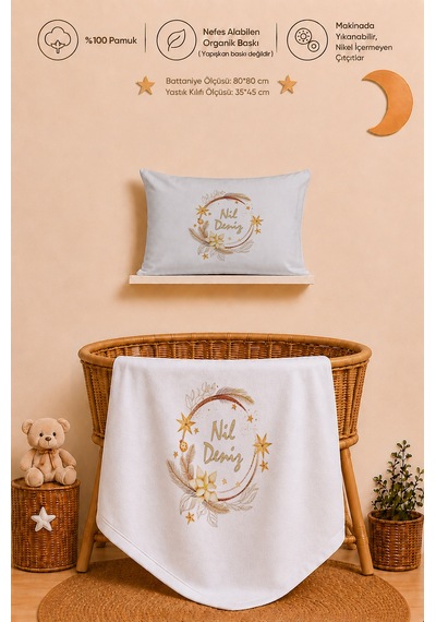 Pia Baby Kız Bebek Tulum Seti İsim Baskılı %100 Pamuk Yastık Kılıfı Ve Battaniye 1093tyb0x Ekru