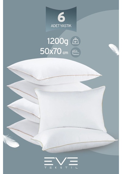 Eve Tekstil 6 Adet Yellow Dream Serisi Fermuarlı Antialerjik Silikon Elyaf Dolgulu Yastık 50x70cm 1200gr Beyaz