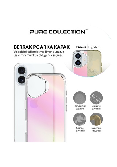 Bix iPhone Uyumlu 16 Plus Pure Rainbow Renk Geçişli Şeffaf Kılıf Çizilmeye Dayanıklı Darbe Emici Pembe