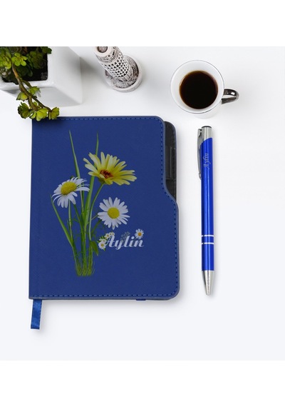 Kişiye Özel Papatya Temalı Lacivert Termo Deri Defter Kalem Seti- N11.139