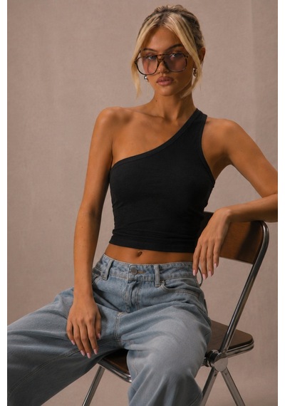 Tarz Cool Kadın Tek Omuz Crop Atlet Esnek Slim Fit Süprem Kumaş Asimetrik Yaka Bluz Siyah