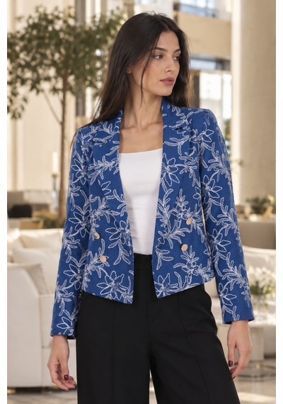 Armonika Kadın Saks Kruvaze Yaka Desenli Crop Ceket Arm-27k001025