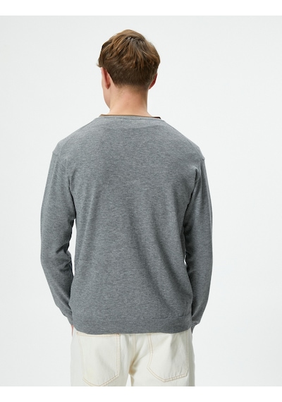 Koton V Yaka Kazak Triko Slim Fit Uzun Kollu Gri 4WAM70116HT031 Gri