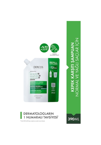 Dercos Normal/yağlı Saçlar İçin Kepek Karşıtı Saç Bakım Şampuanı Yeniden Dolum Paketi 390 Ml Normal