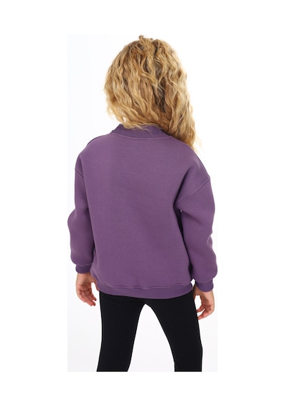 Kız Çocuk Relax Fit Dik Yaka Düşük Omuz Nakış Baskılı Sweatshirt - 3 İplik Şardonlu Mor