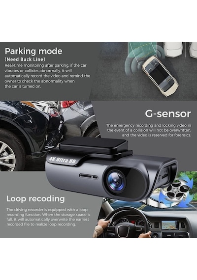 4k Ultra Hd Akıllı Araç İçi Kamera - Wi-fi Bağlantılı, 24 Saat Park Monitörlü, Gece Görüşlü Ve Döngüsel Kayıt Özellikli Sürüş Kayıt Cihazı Dash Cam