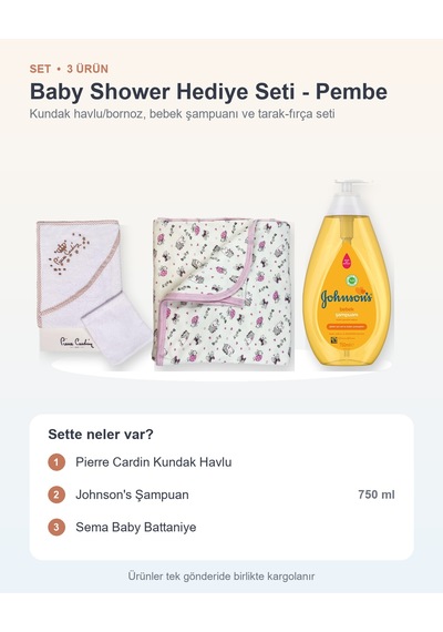Baby Shower Hediye Seti 3 Parça: Pierre Cardin Kundak Havlu + Johnson's Şampuan + Battaniye - Pembe