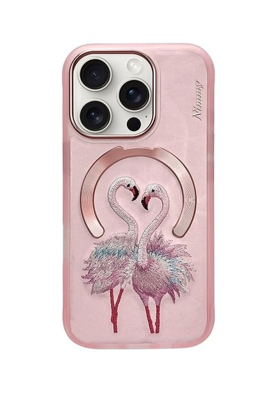 Apple iPhone 16 Pro Uyumlu Magsafe Destekli 3d Gerçek Nakış İşlemeli Flamingo Desenli Kılıf