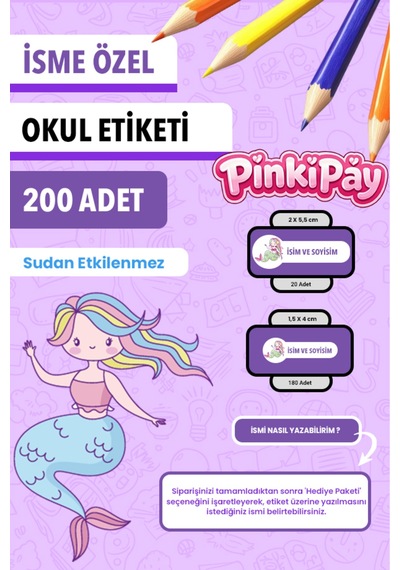 İsim Yazılabilir Sevimli Deniz Kızı Temalı Okul Etiketi Kalem & Defter İçin 200 Adet Çoklu