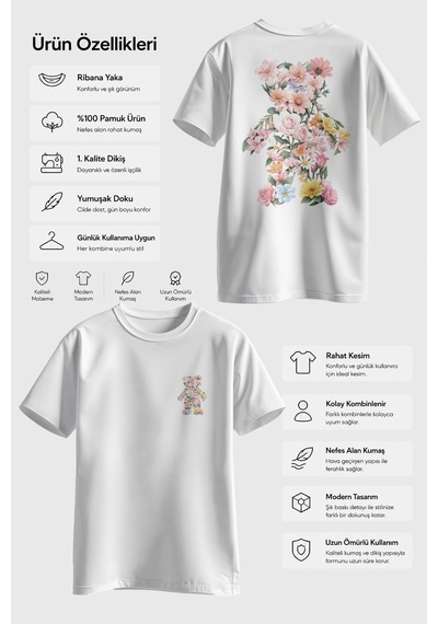 Spoyi Baharda Ayıcık Tasarımlı %100 Pamuk Yarım Oversize Beyaz T-shirt