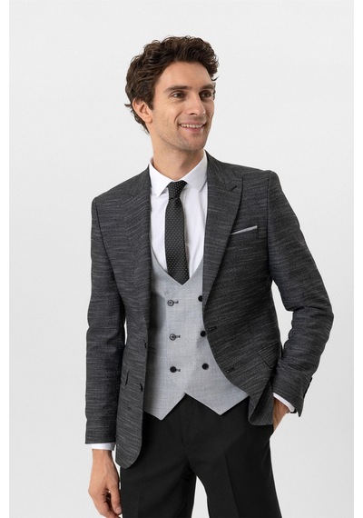 Süvari Siyah Slim Fit Desenli Sivri Yaka 6 Drop Yelekli Klasik Takım Elbise