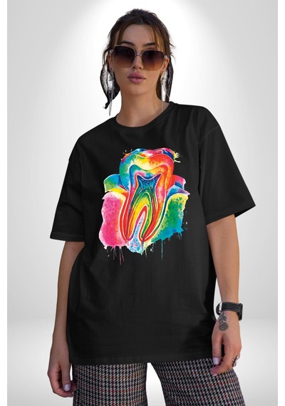 Diş Doktoru Diş Anatomisi Özel Tasarım Pamuklu Bisiklet Yaka Unisex Oversize Boyfriend Dijital Baskılı Siyah T-shirt Siyah