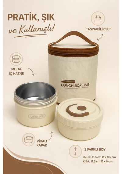 Isı Yalıtımlı Yemek Termosu Ve Lunch Box Çantası, Vidalı Kapaklı Pp Dış Gövde Ve Metal İç Hazneli Taşınabilir Yemek Kabı Seti 2 Parça Çok Renkli