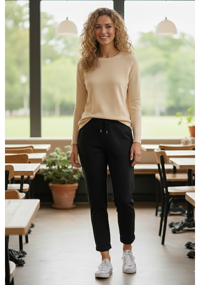 Sy & Black Kadın Çelik Örgü Beli Lastikli Ve Bağcıklı Geniş Beden Aralıklı Jogger Pantolon 25p-03 Siyah Siyah