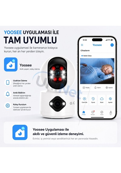 Uninet 5mp Ultra Hd Çift Lensli Wifi Iç Mekân Güvenlik Kamerası Akıllı Hareket Algılama, Gece Görüşü Ve Uzaktan Izleme 355 Derece Dönebilen Ptz Kamera