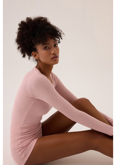 Los Ojos X Ece Pembe Modal Kumaşlı Uzun Kollu Şortlu Pijama Takımı Ribbed Pj Pembe Pembe