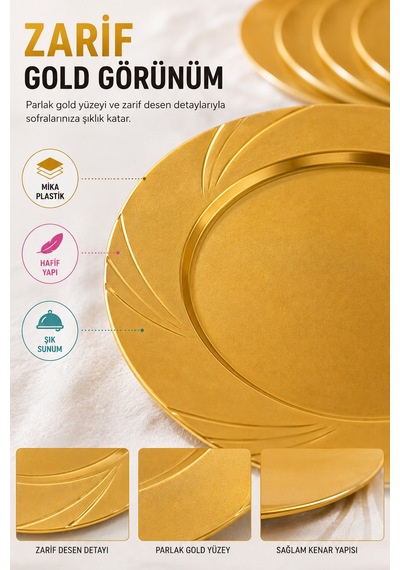 6'lı Gold Mika Plastik Tabak 23 Cm Kullan At Parti Davet Doğum Günü Nişan Söz Sunum Tabağı Seti