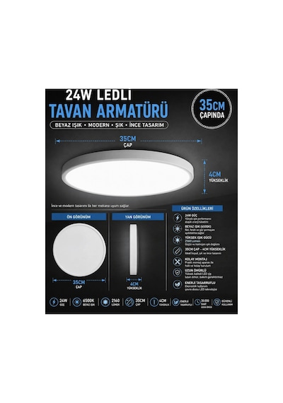 35 Cm Modern Tavana Sıfır Panel Led Avize 24watt 6500k Buz Beyazı Işık Uzun Ömürlü,ince Tasarım 24w Led Armatür / Buz Beyazı 6500k Tasarruflu Tavan Paneli Tavan Armatürü Beyaz