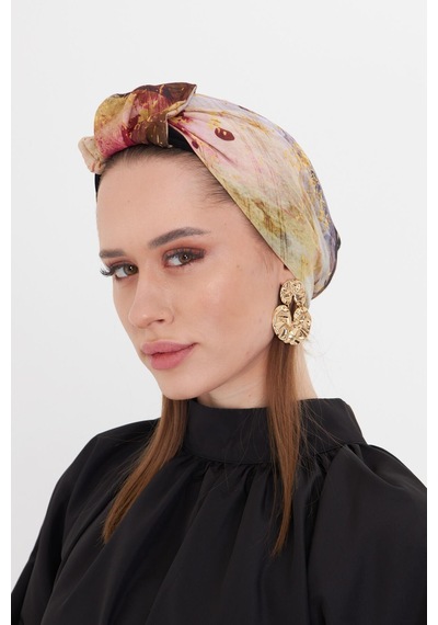 Hürrem Bone Gold Pratik Hazır Geçmeli Tesettür Bone Kesik Elyaf Retro Desenli 2409 03 Gold Sarı