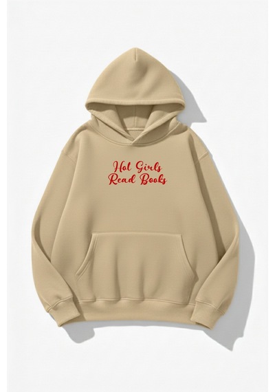 Uyguntarz Unisex Yumuşak Dokulu Hot Girl Read Books Baskılı Tasarım Oversize 3 İplik Hoodie Sweatshirt Bej