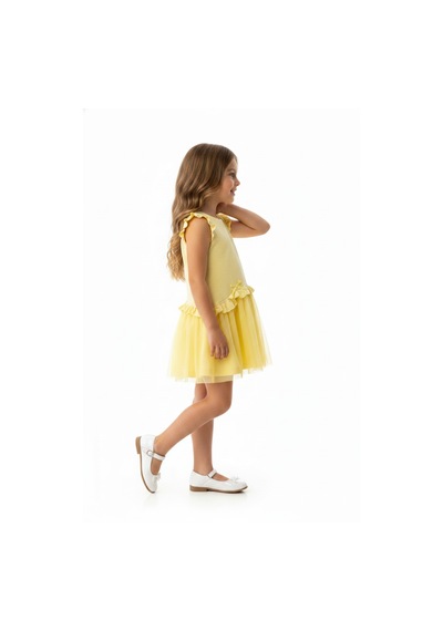 Toontoy Kids Toontoy Kız Çocuk Regular Fit Bisiklet Yaka Fırfır Kol Fiyonk Detaylı Tüllü Elbise 25047 Açık Sarı