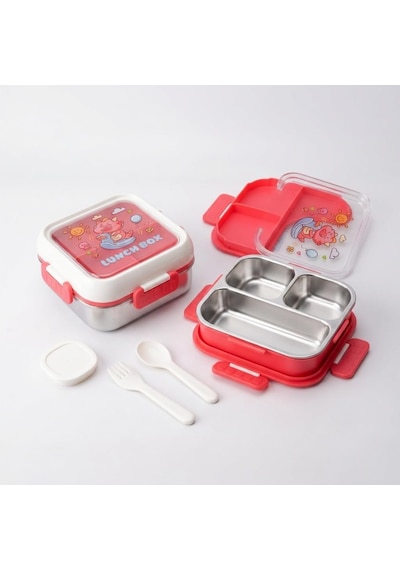 Paslanmaz Çelik 3 Bölmeli Kilitli Yemek Kabı 2000 Ml, Çatal Kaşık Dahil Renkli Desenli Lunch Box, Çelik İç Hazneli Saklama Ve Taşıma Kabı