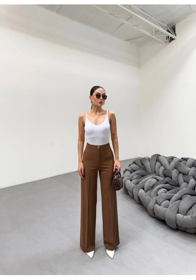 Defymoda 230 Gr Poly Viscose Lycra Metal Düğme Palazzo Pantolon Taba