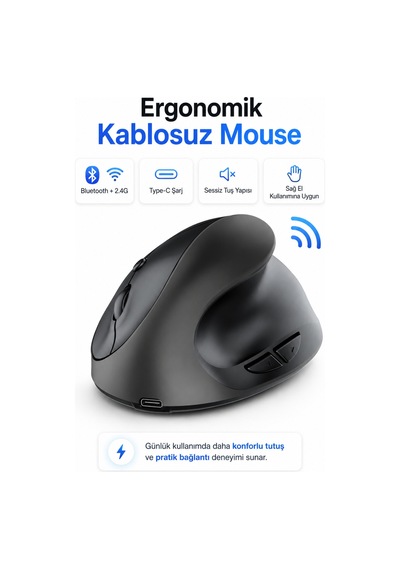 Type-c Şarjlı Dikey Ergonomik Kablosuz Mouse Bluetooth Siyah Sağ El Kullanımına Uygundur Çok Renkli Diğer Type-c Şarjlı Dikey Ergonomik Kablosuz Mouse Bluetooth Siyah Sağ El Kullanımına Uygundur Çok Renkli Diğer