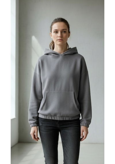 Oversize Kanguru Cepli Kapüşonlu Sweatshirt Füme
