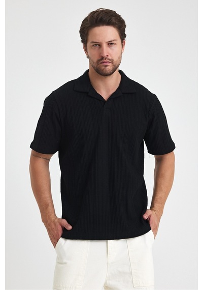Tarz Cool Erkek Jakarlı Baklava Desenli %100 Pamuk Polo Yaka T-shirt Siyah